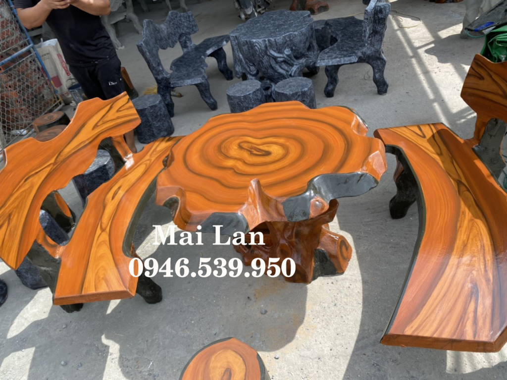 bàn ghế đá giả gỗ nấm